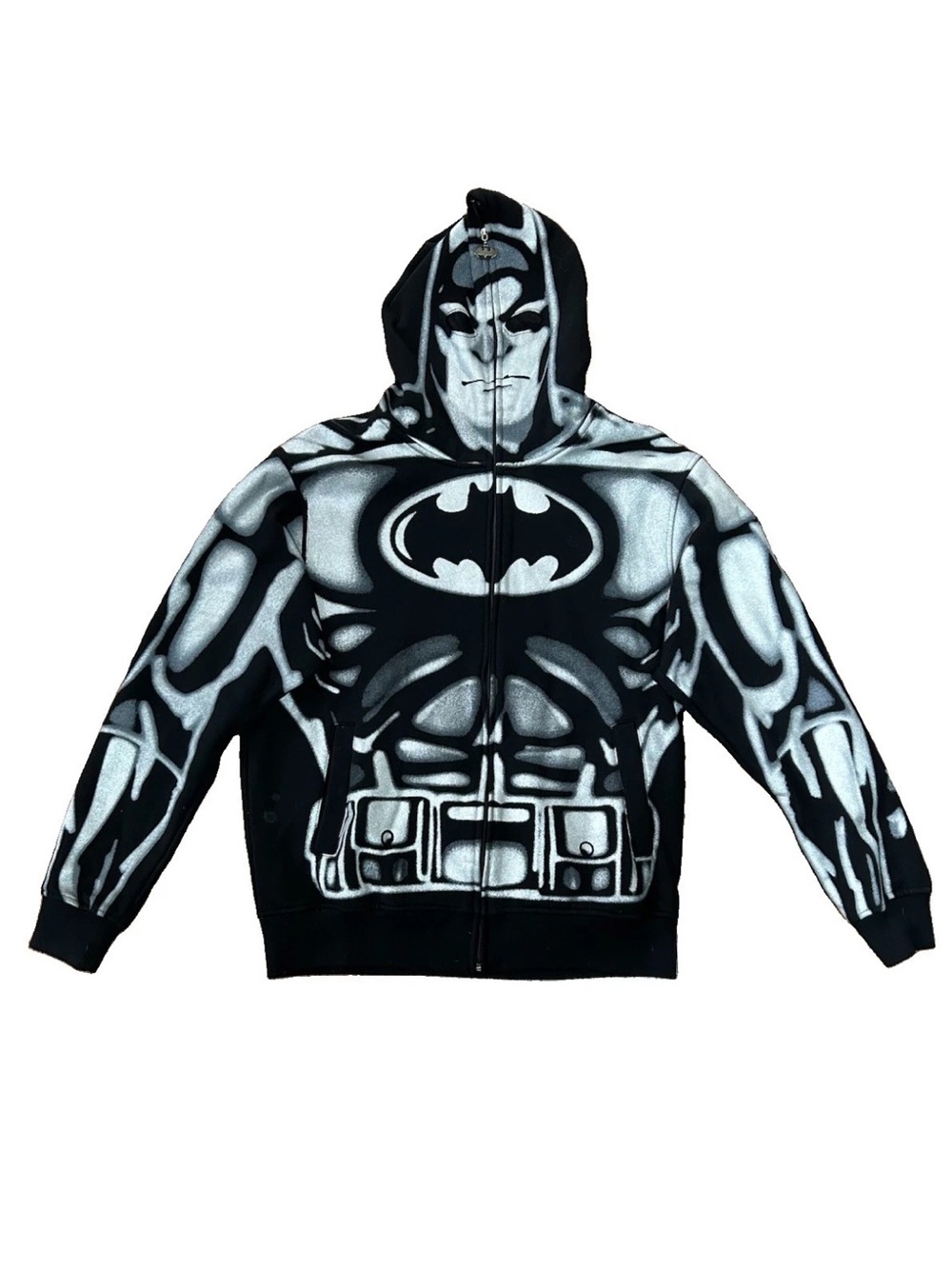 Vintage Y2K Batman Full Zip Mask Hoodie DC Comics Costume L RARE Six Flags